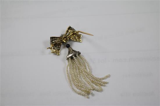 A gold, black onyx, diamond and seed pearl set drop multi strand tassel brooch, wit ribbon bow suspension, 45mm.